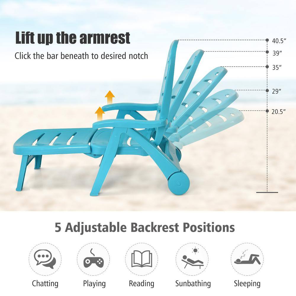 Turquoise Folding Plastic Chaise Lounge Chair with Adjustable Recliner