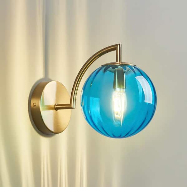 Home Lighting(‎ 9.84" x 5.51" x 6.88"，6W, 1-Light)Mini Blue Glass Wall Sconce (Gold Finish)-Modern, For Living/Bedroom