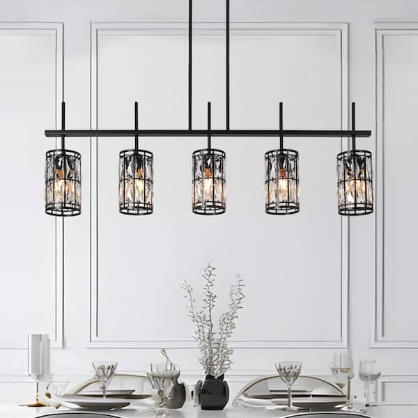 Modern 45.3 in. 5-Light Flat Black Linear Chandelier with Glam Crystal Glass Drum Shades for Kitchen Island Pendant