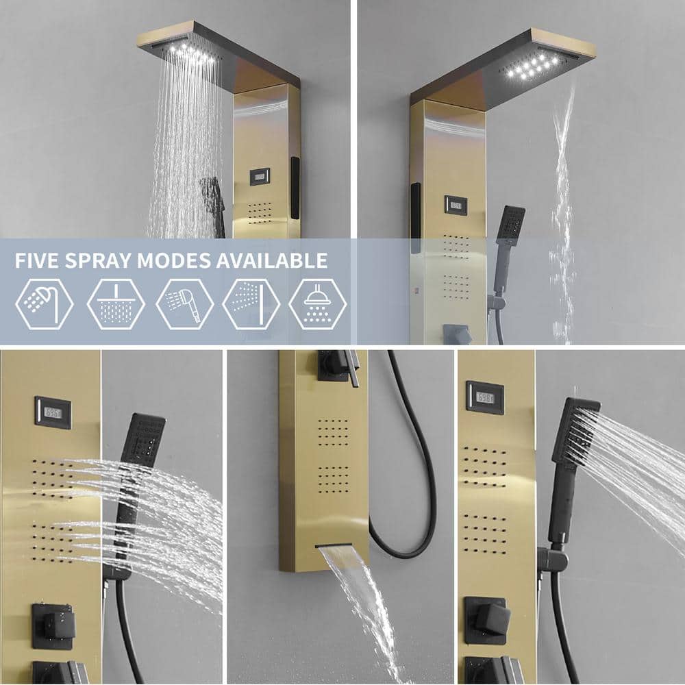 Gold Brushed Stainless Steel Shower Panel with LED and Handheld Wand