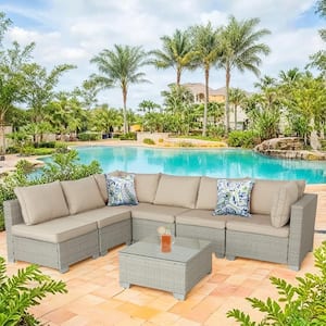 7-Piece Wicker Outdoor Patio Conversation Furniture Seating Set with Field Gray Cushions and Pillow