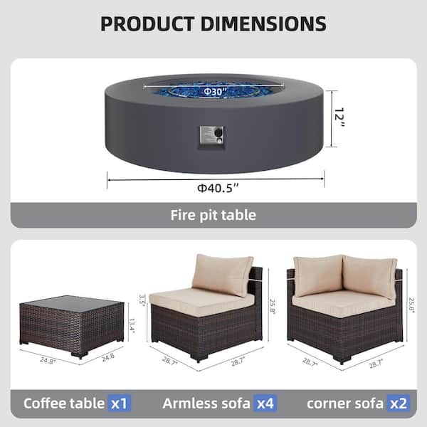 8 Pieces Outdoor Fire Pit Patio Set with 42 inches Dark Gray Round Fire Pit Table with Coffee Table, Beige Cushions