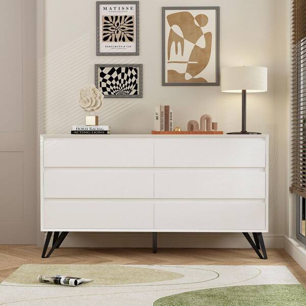 FUFU&GAGA White Wooden Accent Storage Cabinet with 6 Drawers 54.1 in. W x 29.9 in. H x 15.6 in. D