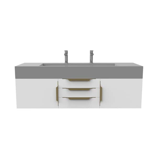 Nile 60 in. W x 19 in. D x 20 in. H Single Sink Bath Vanity in Matte White with Gold Trim and Gray Solid Surface Top