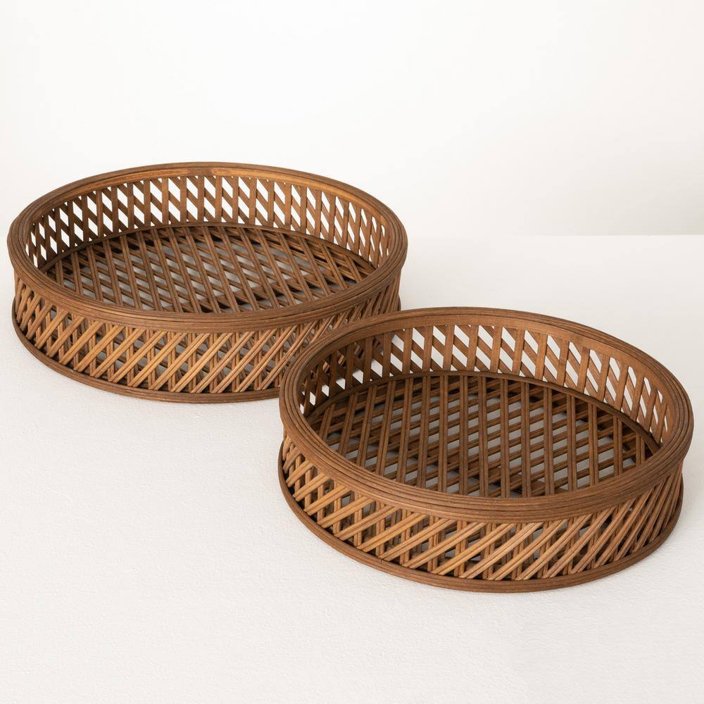 Natural Round Bamboo Decorative Tray Set of 2
