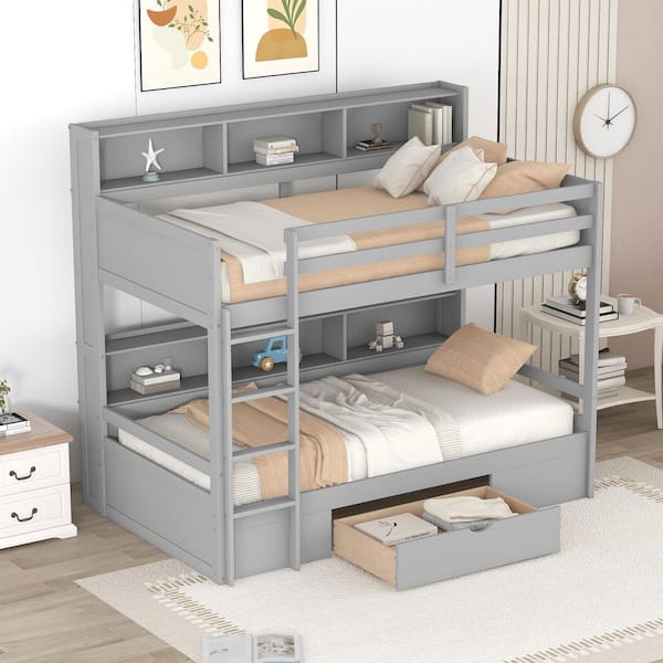 Gray Twin Bunk Bed with 2 Shelves and Drawer