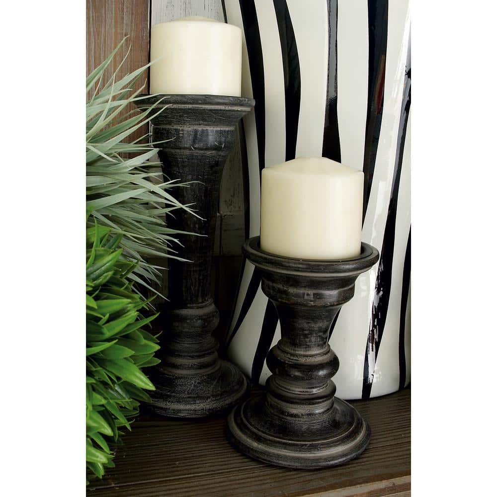 Black Mango Wood Ridge Embellished Candle Holders, Set of 3