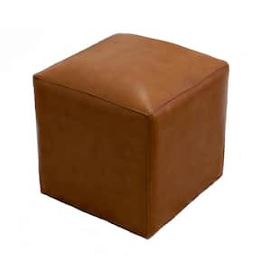Lou Mid-Century Tan Square Genuine Leather Upholstered Ottoman