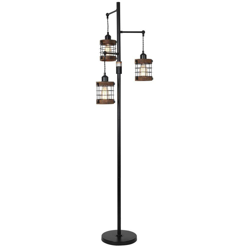 65 in. Black+Brown 3-Light Dimmable Standard Floor Lamp for Living Room with Wood & Metal Cage price history on PriceWatchPro