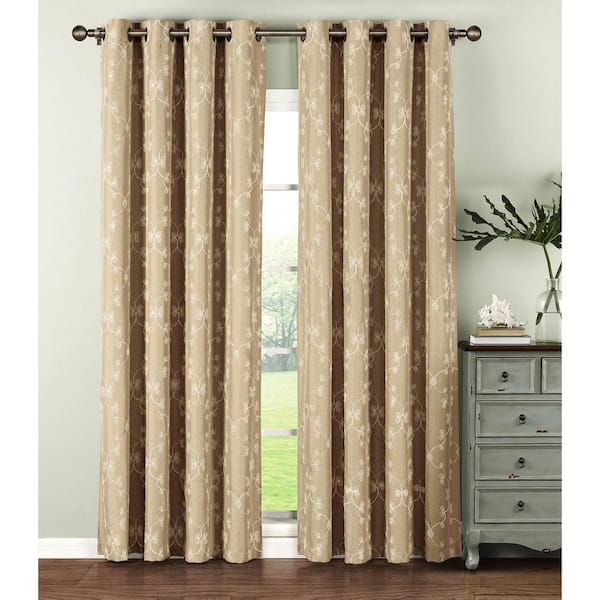Window Elements Semi-Opaque Geo Gate Embroidered Faux Linen Extra Wide 96 in. L Grommet Curtain Panel Pair, Ivory (Set of 2)