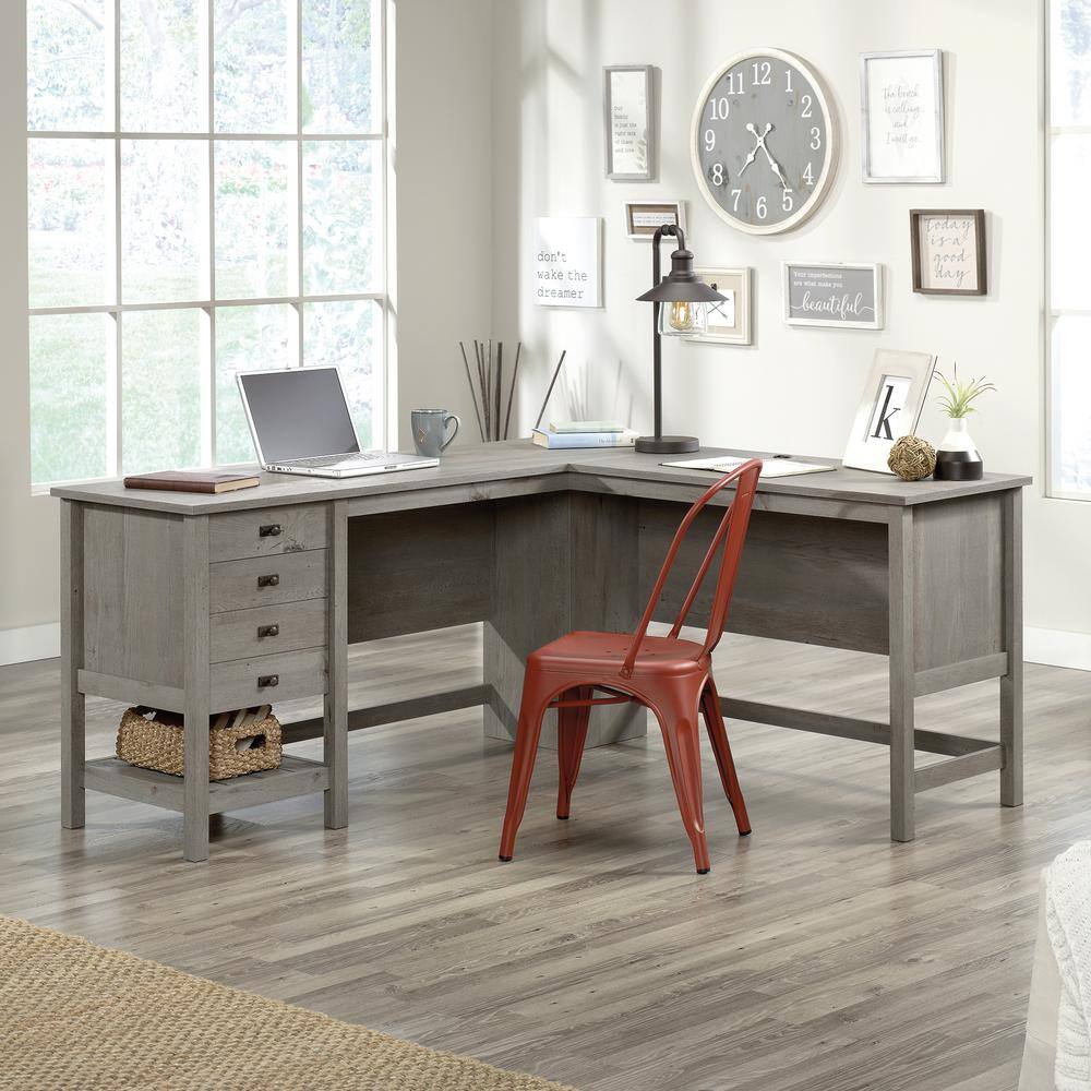 Mystic Oak L-Shaped Gray Wood Computer Desk with Drawer and Filing Cabinet