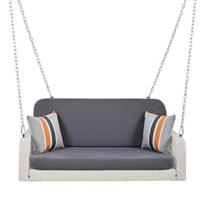 PE Wicker Porch Swing, Luxurious 2-Seater Hanging Bench with Chains for Backyard, Garden, and Poolside , White and Gray