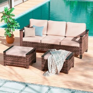 3-Pieces Brown PE Wicker Sand Cushions Patio Conversation Set Wide Armrests High Back Sofa Design