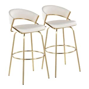 Jie 29.5 White Faux Leather and Gold Metal Fixed-Height Barstool (Set of 2)