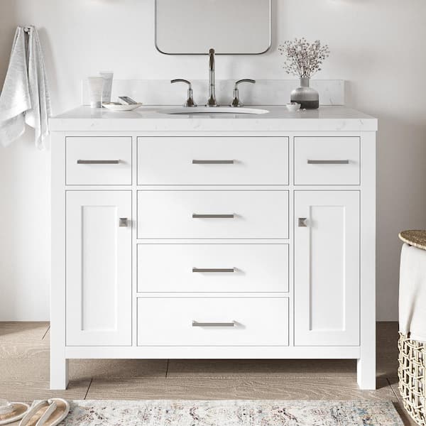 ARIEL Bristol 42.25 in. W x 22 in. D x 36 in. H Single Sink Freestanding Bath Vanity in White with Carrara White Quartz Top