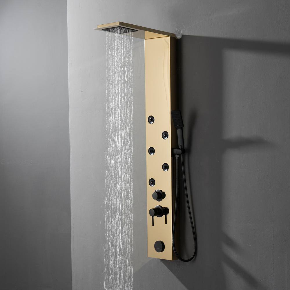 Gold Brushed 4-Jet Rainfall Shower Panel System with Handheld Wand