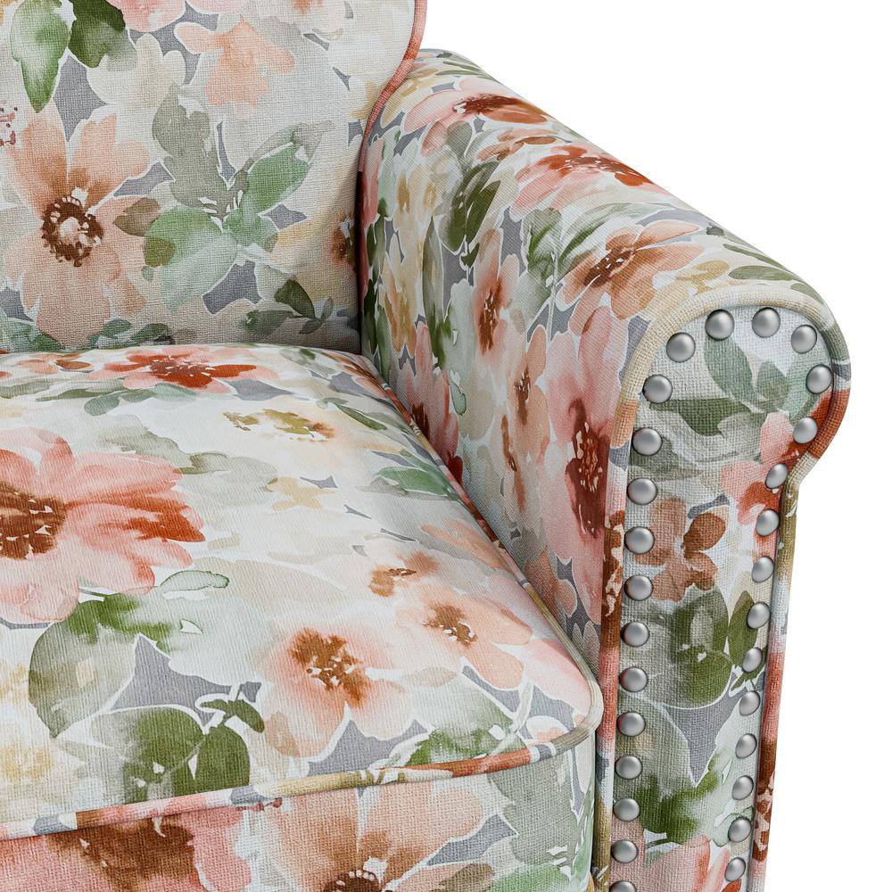 Orange and Green Floral Rolled Arm Accent Chair