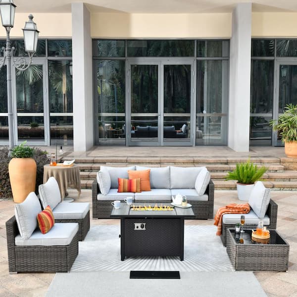 Toject Sanibel Gray 8-Piece Wicker Patio Conversation Sofa Sectional Set with a Metal Fire Pit and Light Gray Cushions