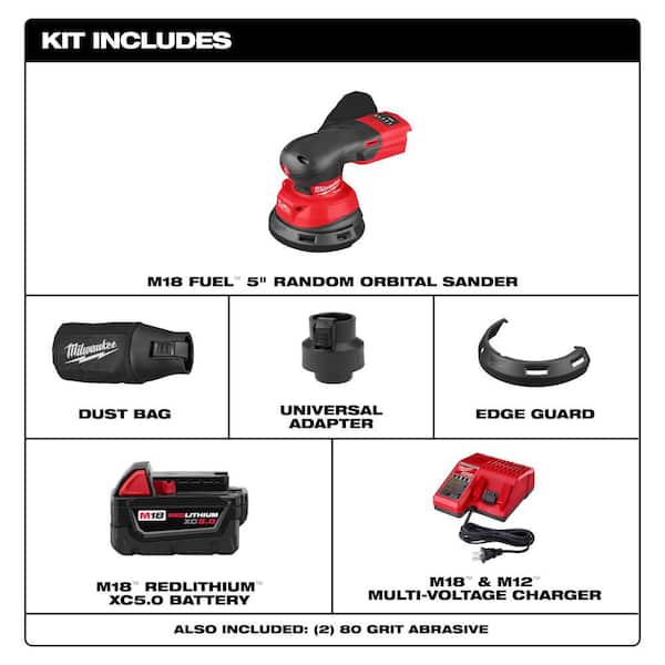M18 18V Lithium-Ion Brushless Cordless FUEL 5 in. Random Orbit Sander w/ (1) 5Ah Battery & Charger
