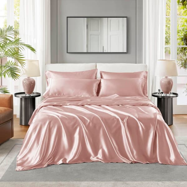 Madison Park Satin 6-Piece Blush Solid Polyester King Luxury Sheet Set
