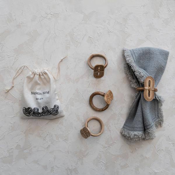Natural Bamboo Woven Napkin Rings with Linen Bag, Set of 4