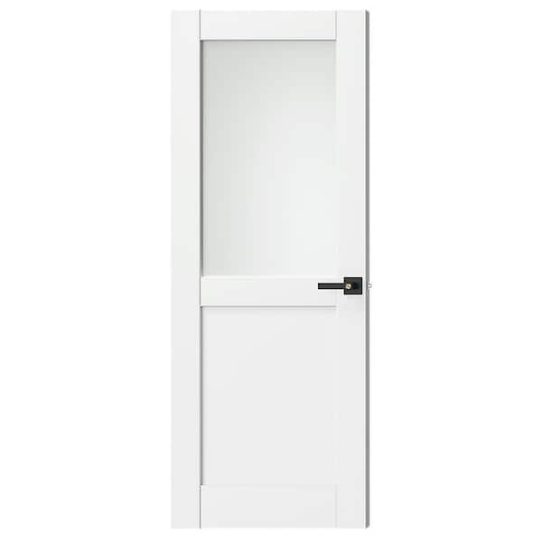 30 in. x 80 in. MDF Composite, Primed, White, 1/2-Lite, Frosted Glass Interior Door Slab With Black Lever Handle