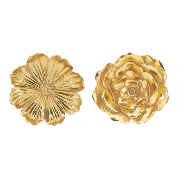 Benjara Dazzle 11 and 12 in. Gold Stoneware 3-D Floral Hanging Wall Accent (Set of 2)