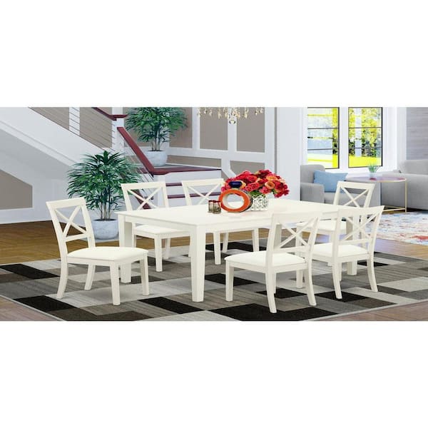 East West Furniture 7-Piece Linen White Finish Solid Wood Top Dining Table with 6 Chairs with Lattice Back