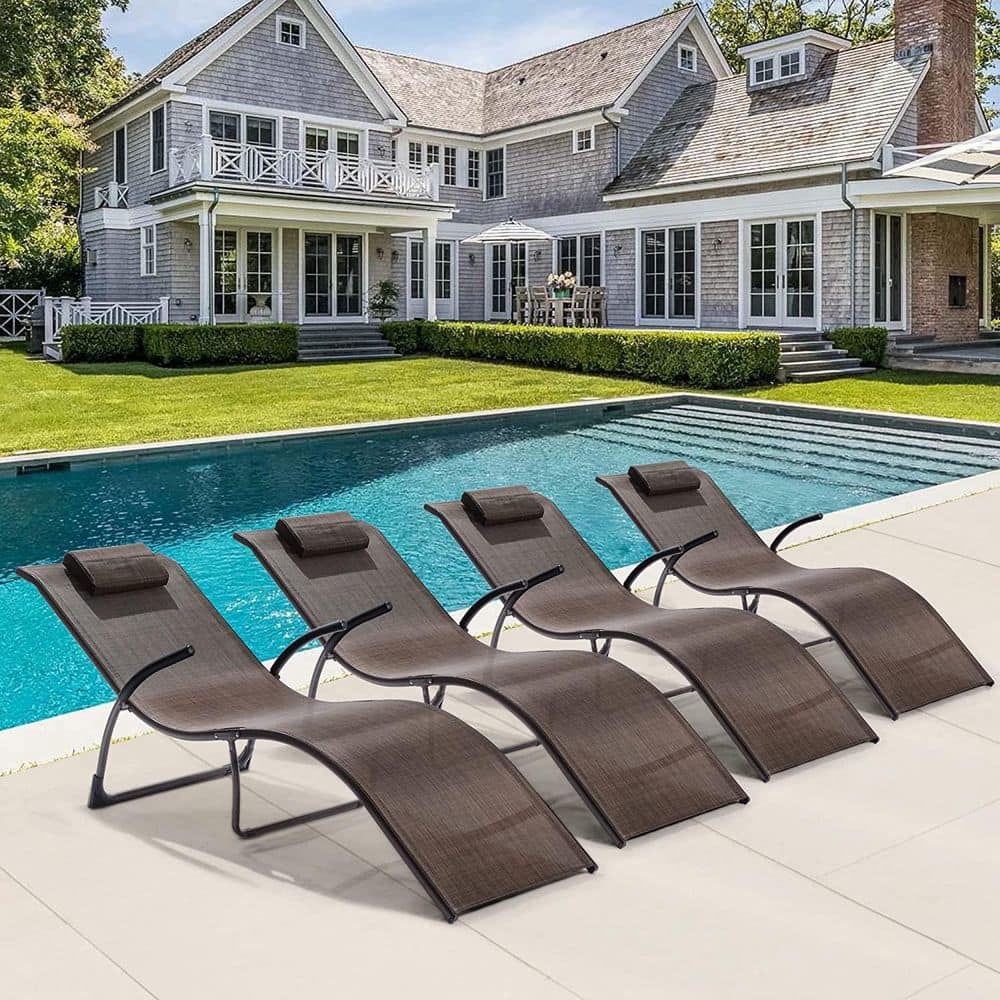 Brown Sling Fabric Outdoor Chaise Lounge with Detachable Brown Cushion, No 