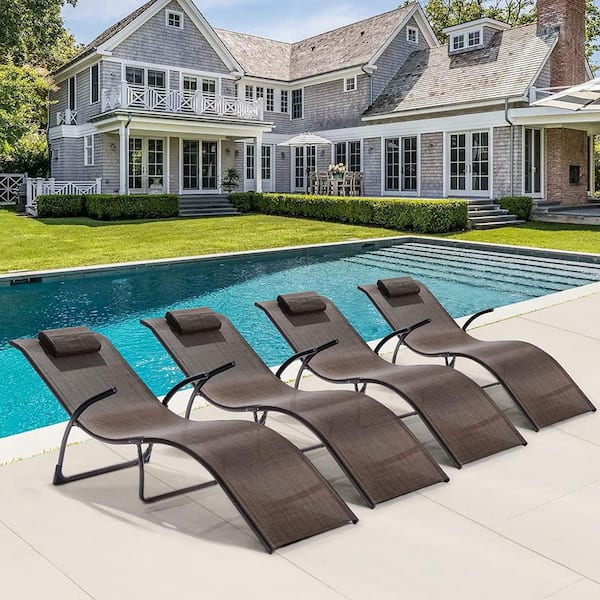 Unbranded Brown Sling Fabric Outdoor Chaise Lounge with Detachable Brown Cushion, No Assembly Required (Set of 4)