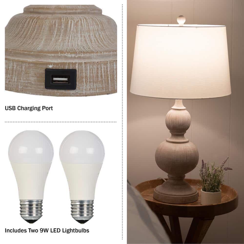 Whitewash Linen Shade 16" Table Lamp Set with USB Ports