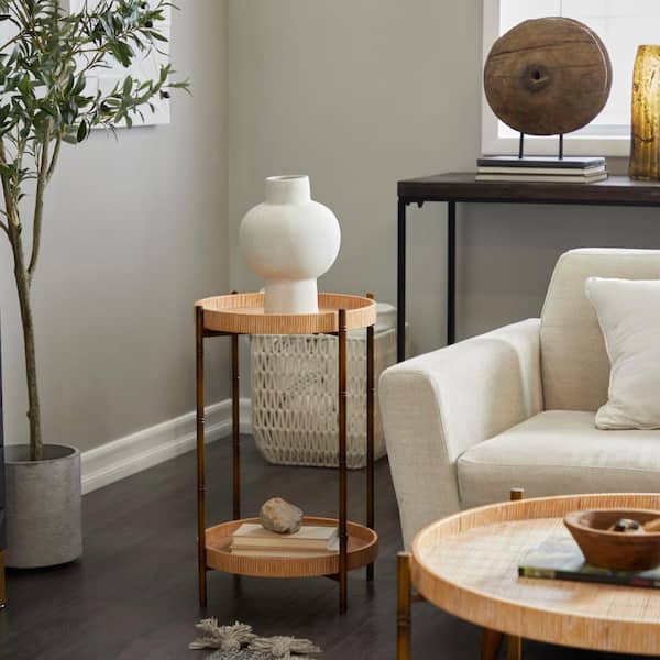 Litton Lane 18 in. Brown 2 Tray Shelves Large Round Manufactured Wood End Accent Table with Metal Bamboo Inspired Legs