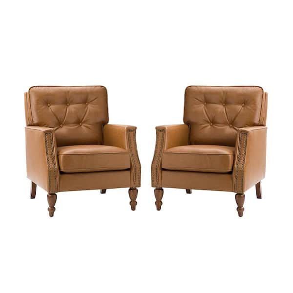 JAYDEN CREATION Hunfried Camel Vegan Leather Armchair with Solid Wood Legs (Set of 2)