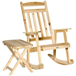 2-Pieces Natural Wood Outdoor Rocking Chair Set with Armrests and High Back Rocking Chair and Portable Side Table