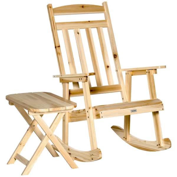 Unbranded 2-Pieces Natural Wood Outdoor Rocking Chair Set with Armrests and High Back Rocking Chair and Portable Side Table