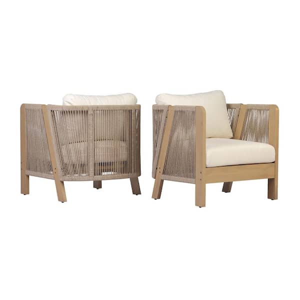 Jared Teak Solid Wood Outdoor Lounge Chair with Cream Cushion and Handwoven Beige Rope Arms, Set of 2