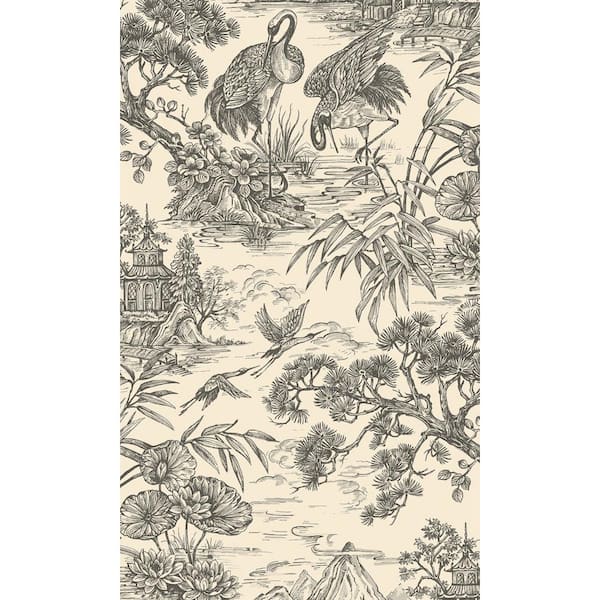 Walls Republic Charcoal Cream Majestic Crane Tropical Print Non-Woven Non-Pasted Textured Wallpaper 57 Sq. Ft.