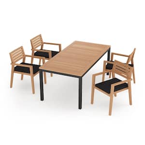 Rhodes 5 Piece Teak Outdoor Patio Dining Set in Loft Charcoal Cushions with 72 in. Table