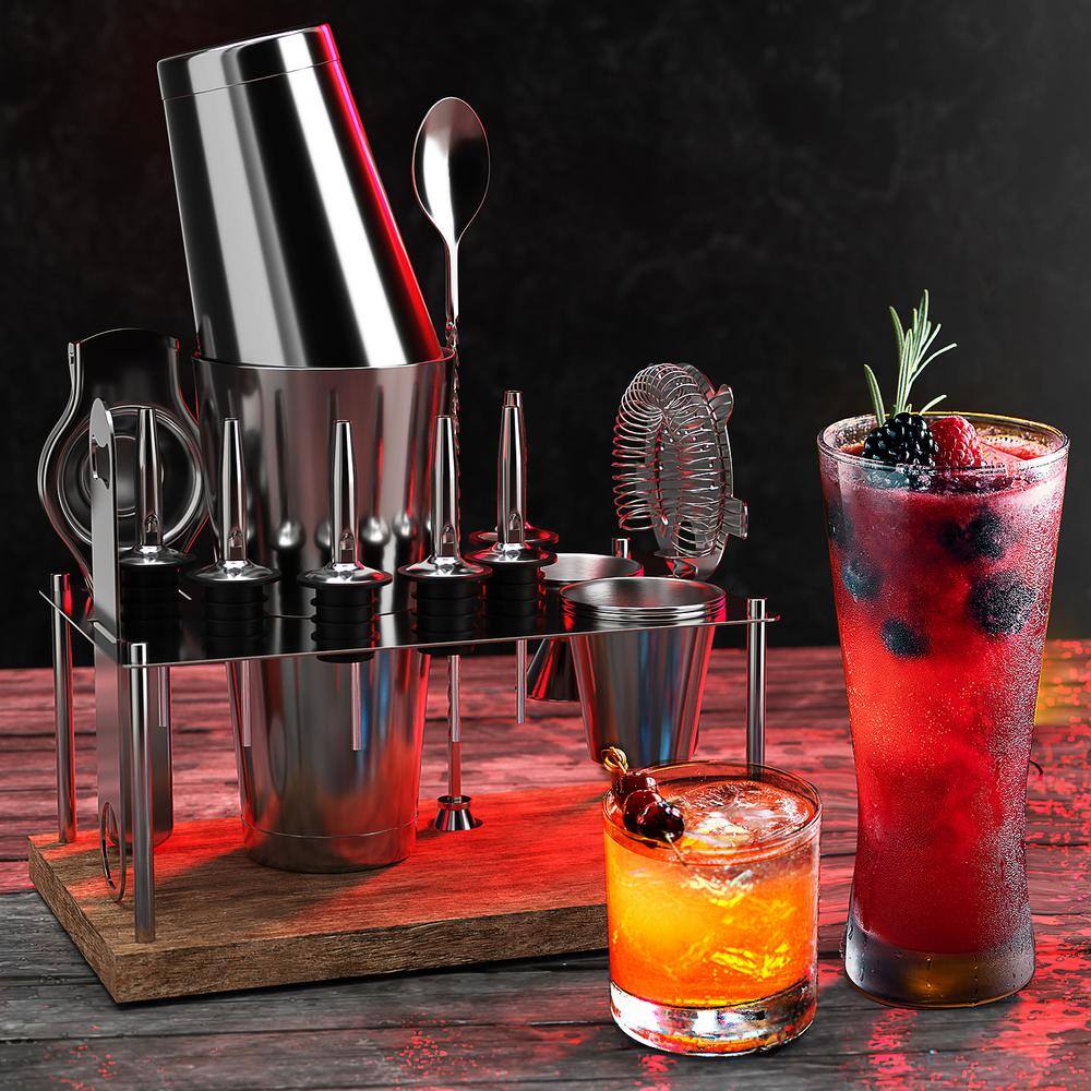 JoyTable 17-Piece Silver Stainless Steel Bartender Kit with Wood Stand
