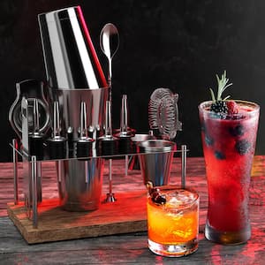 17-Piece Stainless Steel Bartender Kit-Bar Cocktail Shaker Set, 30 oz. Book, Muddler, Jigger and Pourers with Wood Stand