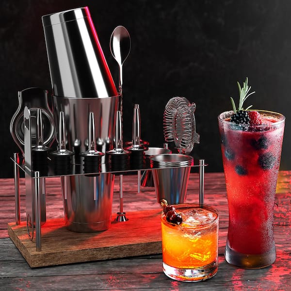 17-Piece Stainless Steel Bartender Kit-Bar Cocktail Shaker Set, 30 oz. Book, Muddler, Jigger and Pourers with Wood Stand