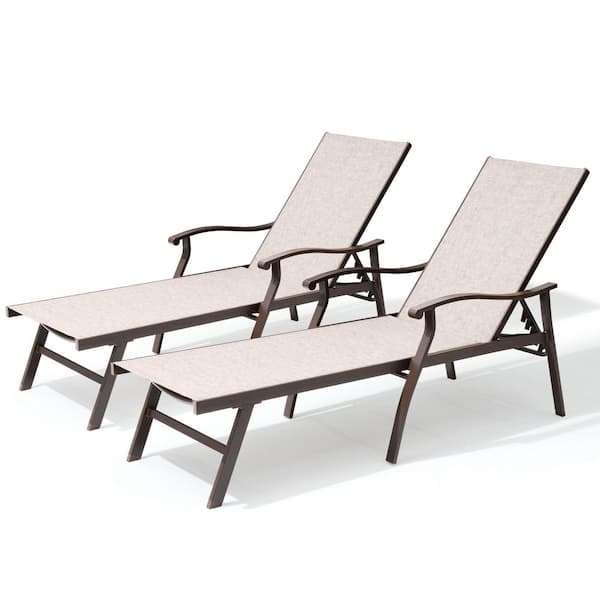 2-Piece Metal Rust-proof Aluminum Adjustable Outdoor Chaise Lounge Chair in Beige with Arms