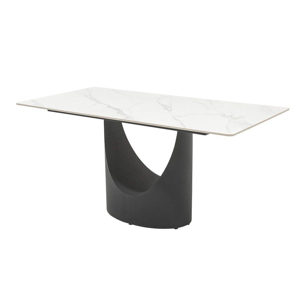 White Rectangular Sintered Stone 62.99 in. W Pedestal Dining Table Seats 6