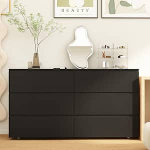 Black 6-Drawers 59 in. W Wooden Dresser without Mirror, Chest of Drawers, Storage Sideboard