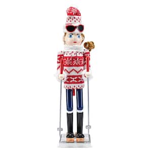 15 in. Wooden Christmas Woman Skier Nutcracker-Red and White Nutcracker Girl with Ugly Sweater and Skis in Skiing Pose