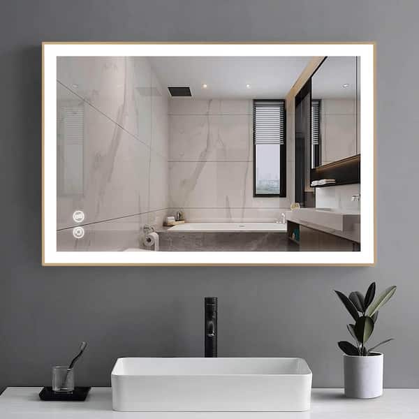 Fab Glass and Mirror 24 in. W x 36 in. H Rectangle Framed Champagne Gold Decorative Wall LED Mirror Anti-Fog and Dimmer Touch Sensor