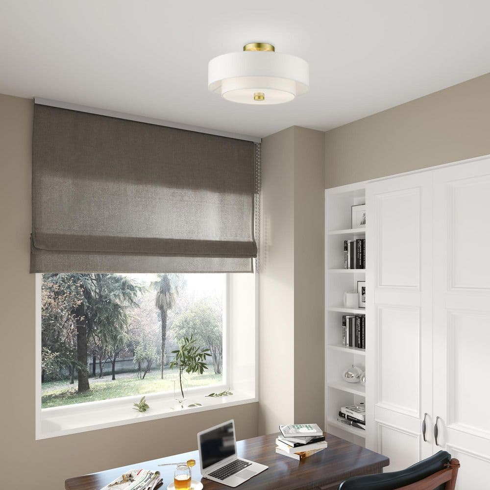 Satin Brass Modern 3-Light Semi-Flush Drum Light with Off-White Shade