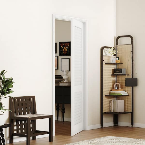 32 in. x 80 in. Composite, MDF, Louvered Panel, Primed, White Interior Door Slab With Black Lever Handle