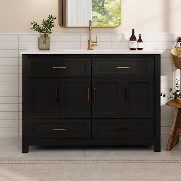 48 in. Single sink Four Doors Four Drawers Freestanding Black Bath Vanity with White Ceramic Top Unassembled