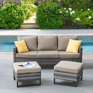 Valenta Gray 3-Piece Wicker Outdoor Couch with Gray Cushions